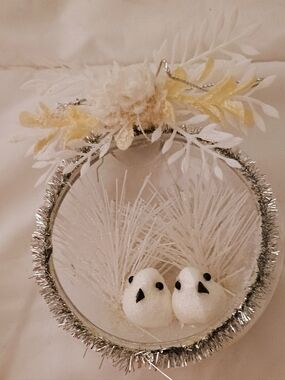 White Glitter Bird Wreath Ornament with Silver Tinsel